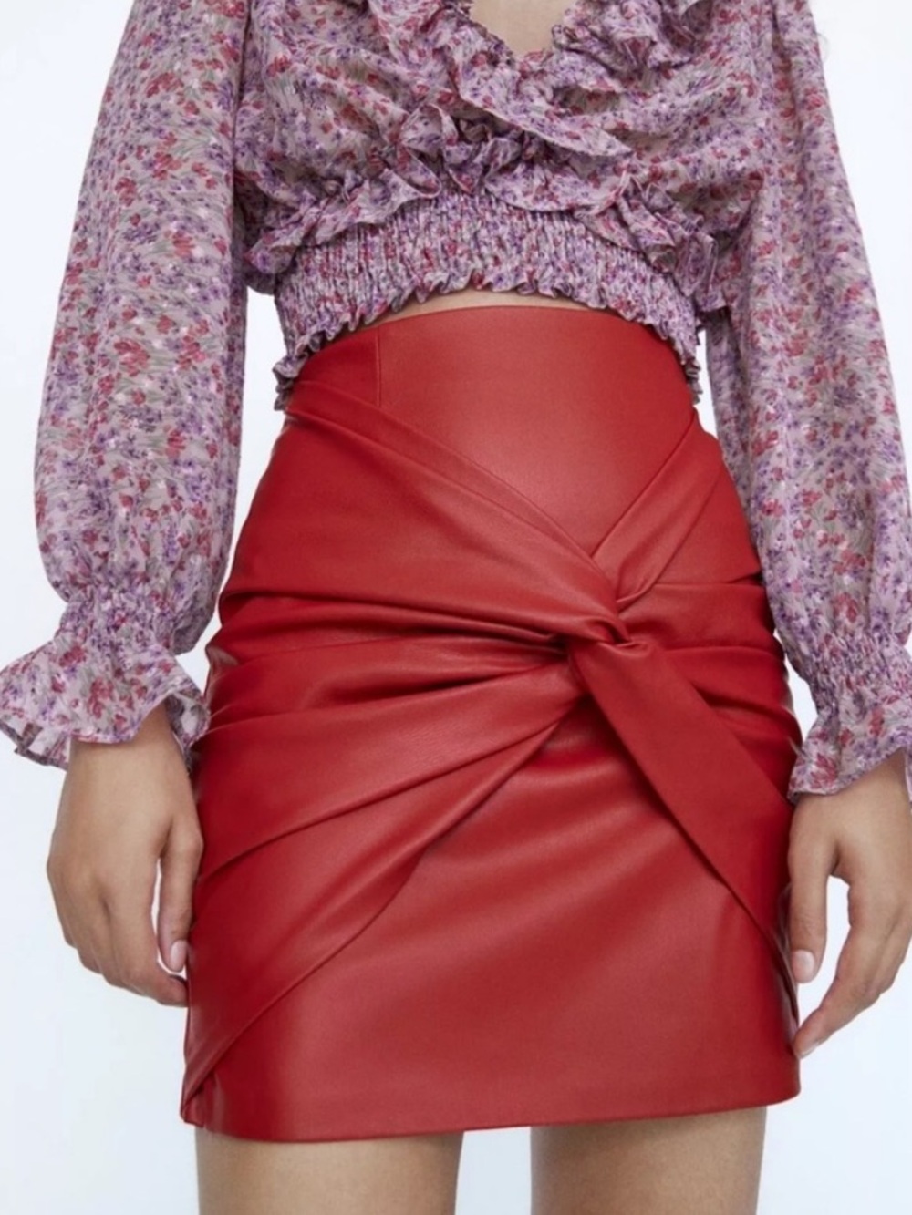 Zara Red Faux Leather Knot-Front Modern Minimalist Date Night Mini Skirt